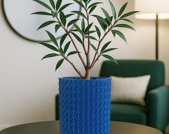 Blue Textured Planter Pot with Drainage and Saucer | Modern Indoor Flower Pot | Large 3D Printed Plant Pot for Home Decor