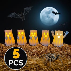 3D Printed Ghost Set with LED Tea Lights, Cute Halloween Ghost Figurines, Spooky Tabletop Decor for Shelf or Mantel