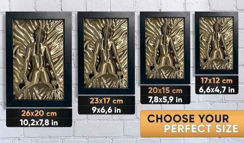 Four sizes available – golden erotic naked woman wall art sculptures framed