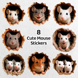 Puede incluir: Ocho pegatinas de ratones lindos. Cada pegatina muestra un ratón asomándose por un agujero. Los ratones son de varios colores, incluyendo blanco, gris y marrón. También se incluye el texto "8 Cute Mouse Stickers".