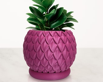 Bloempot met magenta en olijfkleurige textuur en schotel, 3D-geprinte bloempot met afvoer, moderne pot cadeau voor binnen