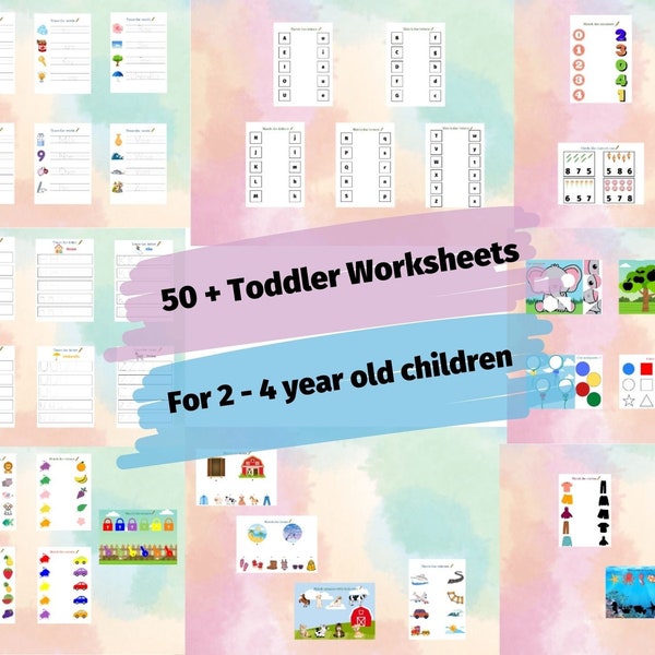 Instant Download Alphabet, Numbers, Shapes, Colors, Cut and paste and matching activities, Printable Toddler Worksheets or Toddler Workbook