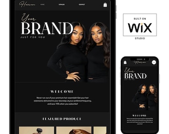 May include: A website mockup for a hair extension business called "Hauren". The website features a black background with gold text and images of two women with long, dark hair. The text on the website reads "Your Brand, Just For You" and "Welcome". The website also features a section for "Featured Products". The website is built on Wix.