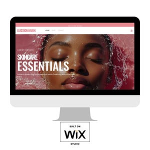 K&ouml;nnte beinhalten: Ein Computerbildschirm zeigt eine Website f&uuml;r ein Hautpflegeunternehmen namens "Luxeskin Haven". Die Website zeigt ein Foto eines Gesichts mit geschlossenen Augen und den Text "Luxury for Less Skincare Essentials". Die Website wurde mit Wix erstellt.