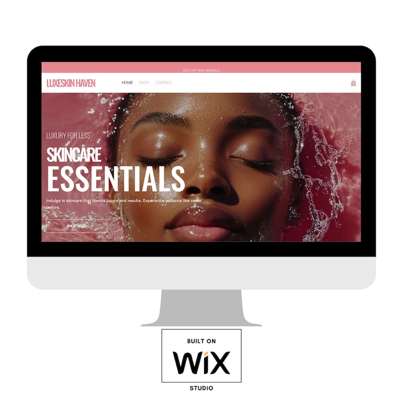 K&ouml;nnte beinhalten: Ein Computerbildschirm zeigt eine Website f&uuml;r ein Hautpflegeunternehmen namens "Luxeskin Haven". Die Website zeigt ein Foto eines Gesichts mit geschlossenen Augen und den Text "Luxury for Less Skincare Essentials". Die Website wurde mit Wix erstellt.