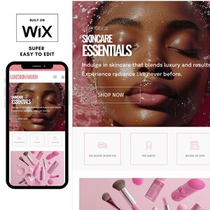 K&ouml;nnte beinhalten: Ein Screenshot einer Website f&uuml;r eine Hautpflegemarke namens Luxeskin Haven. Die Website zeigt ein Model mit strahlender Haut, einem rosafarbenen Hintergrund und dem Text "Skincare Essentials". Die Website enth&auml;lt auch einen Call-to-Action zum "Jetzt kaufen".