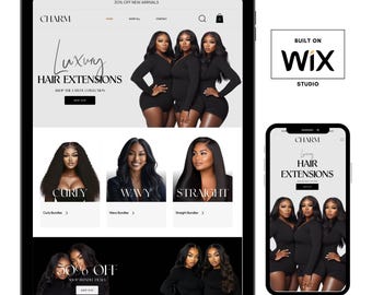 May include: A website screenshot showing a black and white online store for luxury hair extensions. The website features a variety of hair extensions, including curly, wavy, and straight styles. The website also offers a 50% off sale on hair bundles. The website is built on Wix.