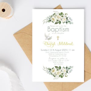 Weiße Rose Taufe Einladungsvorlage, Mädchen Taufe einladen, Printable Taufeinladung bearbeitbar, Rose Taufeinladung