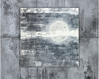 Moon Original Abstract Painting, Black White Abstract Wall Decor, Minimalist Canvas Artwork, Contemporary Art, Original Textured Art