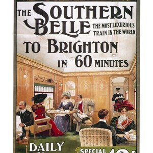 Op de afbeelding: Een vintage reisposter die reclame maakt voor de "Southern Belle" trein, een luxe trein die van Victoria naar Brighton reist in 60 minuten. De poster toont een illustratie van het interieur van de trein met passagiers die in pluche stoelen zitten en van de rit genieten. De tekst op de poster luidt "New Pullman Express", "The Southern Belle", "De meest luxe trein ter wereld", "Naar Brighton in 60 minuten", "Dagelijks van Victoria om 11 uur 's ochtends", "Speciale dagretourtickets 12/-" en "Terugreis van Brighton om 17:45 uur op doordeweekse dagen en 17:00/19:00 uur op zon- en feestdagen."