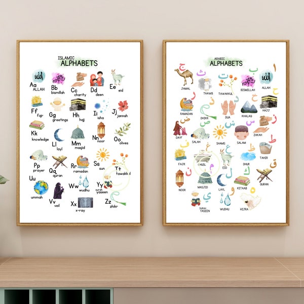 Islamisches Alphabet 2er Set, Arabisches Alphabet, Kinderzimmer Wand Kunst druckbar, Kinder Druck, Poster, Kindergarten Geschenke, Digital, Kinder Islamisch, Muslim,