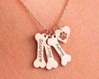 Paw Necklace, Pet Paw and Bone Necklace, Paw Engraved Inside Heart, Personalized Dog Bone Charm Necklace, Dog Memorial Necklace, Pet Lover