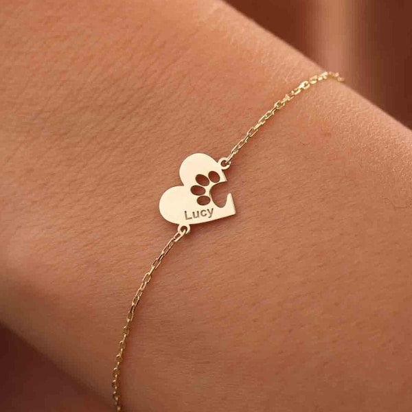 Pfoten-Namensarmband, herzförmiges Pfotenarmband, Katzenpfoten-Armband, Hundepfoten-Armband, Geschenk für Katze, Geschenk für Hund, personalisiertes Armband, Mütter
