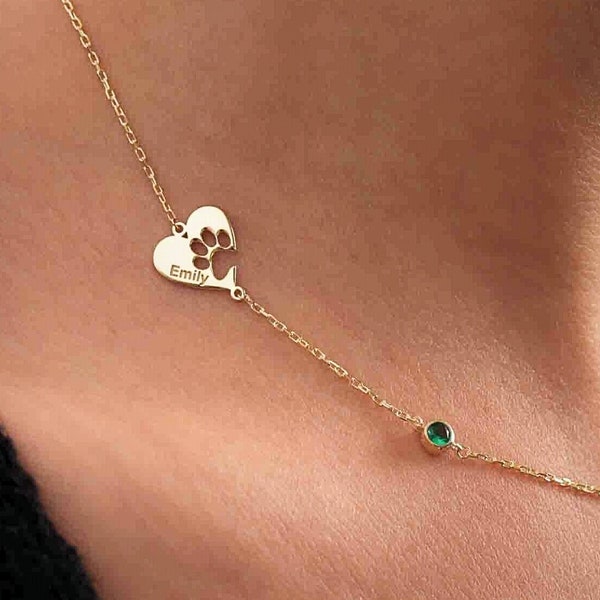 Pet Lover Gift - Heart-shaped Silver Paw Print Necklace with Birthstone Charm