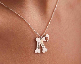 Personalized Dog Bone Necklace: Engraved Paw Heart Charm, Pet Memorial