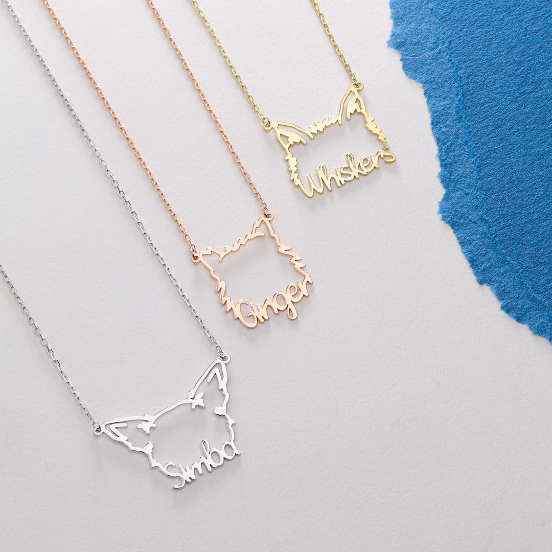 Pet Name Necklace, Cat Ear Necklace, Real Gold Necklace, Pet Memorial