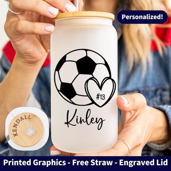 Custom Soccer Team Gifts, Personalized Soccer Player Iced Coffee Glass Can, Girls Soccer, Soccer Cup with Engraved Lid, Soccer Gift, Senior
