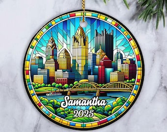 Personalized Pittsburgh Ornament, Gift for Pittsburgh Friend, Trip Keepsake For Family, Present for Pittsburgh Fan, City Skyline Yinzer Gift