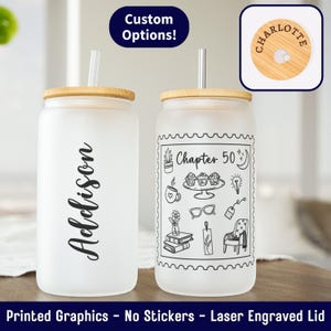 50th Birthday Iced Coffee Cup, Chapter 50 Cup, 50th Birthday Gift, 50th Birthday Gift, 50th Birthday Doodles Frosted Glass Can Engraved Lid