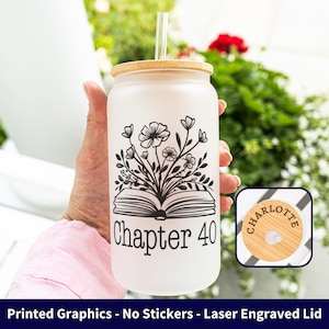 40th Birthday Iced Coffee Cup, Chapter 40 Glass, 40th Cup, 40th Birthday Gift, 40th Birthday Flowers, 40th Frosted Glass Can, Engraved Lid