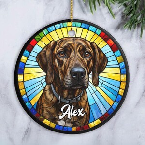 May include: A round ceramic ornament featuring a brown dog with a grey collar, centered against a vibrant stained glass pattern of yellow and blue rays. The name Alex is printed in white script at the bottom of the dog's chest area.