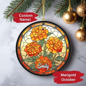 Custom Birth Month Christmas Ornament, Personalized Birthday Flower Gift, Marigold Ornament Gift for Gardener Keepsake, October Birth Month