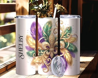 Custom Mardi Gras Tumbler, Personalized Glitter To Go Cup, New Orleans Bachelorette Party Gift, NOLA, Carnival Travel Mug with Lid and Straw