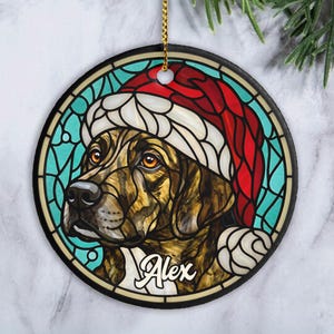 May include: Round Christmas ornament featuring a dog wearing a Santa hat. The dog's face is the focal point, with brown and tan fur, and amber eyes. The ornament has a stained-glass effect with a teal background and the name "Alex".