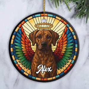 May include: A round ceramic ornament featuring a brown dog with a halo and large, colorful wings in a stained-glass style. The dog is centered against a yellow sunburst pattern. The name Alex is printed in white script at the bottom of the dog.