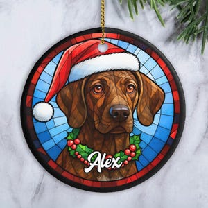 May include: Round Christmas ornament featuring a brown dog wearing a Santa hat and a holly berry collar. The dog's portrait is set against a stained-glass style background with blue and red accents. The name "Alex" is written on the ornament.