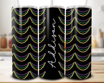 Custom Mardi Gras Tumbler, Personalized Beads To Go Cup, New Orleans Bachelorette Party Gift, NOLA, Carnival Travel Mug with Lid and Straw