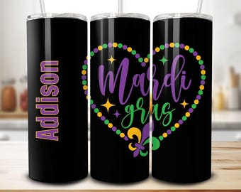 Custom Mardi Gras Tumbler, Personalized Bead To Go Cup, New Orleans Bachelorette Party Gift, NOLA, Carnival Travel Mug with Lid and Straw