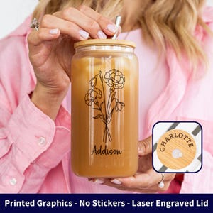 Personalized Birth Flower Iced Coffee Cup, Personalized Birth Flower Glass Tumbler, Bridesmaid Proposal, Gifts for Her, Be My Bridesmaid