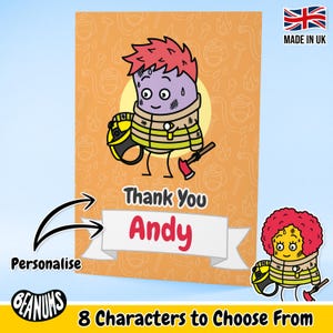 Personalised Firefighter Greetings Card. Fun Unique Fireman Custom Gift. Firewoman Thank You. Customisable Occasion Greeting Cards Beanums.