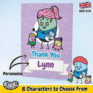 Carte personnalisée d'infirmière de chambre d'enfant. Cadeau personnalisé amusant et unique pour une nounou. Merci pour assistante maternelle. Cartes de voeux personnalisables toutes occasions par Beanums.