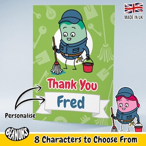 Tarjeta de agradecimiento personalizada para el cuidador. Divertido regalo de cumpleaños personalizado con temática de conserje para él o ella. Tarjetas de felicitación personalizables Beanums.