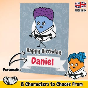 Tarjeta de felicitación de karate personalizada. Regalo personalizado único y divertido. Felicitaciones por el cinturón negro. Tarjetas de felicitación para ocasiones especiales personalizables. Beanums.