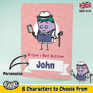 Carte de voeux de boucher personnalisée. Cadeau personnalisé amusant et unique. Le vendeur de viande vous remercie. Cartes de voeux personnalisables toutes occasions par Beanums.