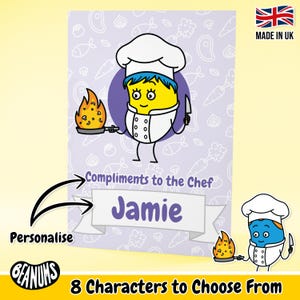 Gepersonaliseerde chef-kokwenskaart. Leuk en uniek eten op maat. Chef-kok bedankt. Klantgericht Alle wenskaarten van de gelegenheid door Beanums.