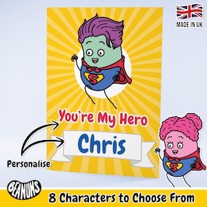 Cartão de felicitações de super-herói personalizado. Presente de aniversário personalizado de super-herói divertido para ele e para ela. Cartões de felicitações de ocasião personalizáveis por Beanums.