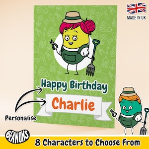 Carte personnalisée de jardinier. Cadeau d'anniversaire personnalisé sur le thème du jardinage amusant pour elle et lui. Cartes de voeux personnalisables toutes occasions par Beanums.