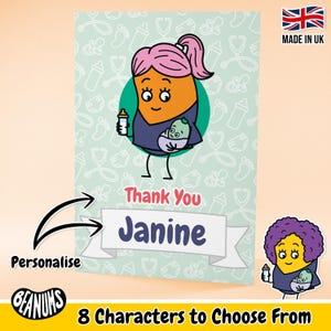 Carte de voeux personnalisée pour sage-femme. Cadeau personnalisé doula amusant et unique. Infirmière Merci. Cartes de voeux personnalisables toutes occasions par Beanums.