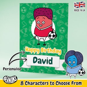 Gepersonaliseerde voetbalkaart. Leuk uniek voetbal gepersonaliseerd cadeau. Happy Birthday Footy-teamthema. Klantgerichte wenskaarten Beanums.