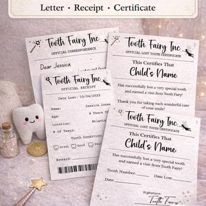 Puede incluir: Un paquete imprimible de Hada de los Dientes con plantillas de carta, recibo y certificado. La imagen muestra correspondencia oficial y certificados con espacio para el nombre del niño, detalles del diente y una recompensa. Incluye un peluche con forma de diente, una moneda de oro y una varita de estrella.