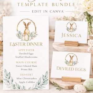 May include: An Easter Dinner template bundle with editable text, featuring a bunny illustration. Includes menu cards with appetizers, main courses, and desserts. The design is elegant and ready to print at home.