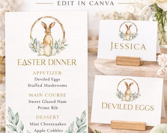 Editable Easter Dinner Menu Bundle | Watercolor Bunny Place Cards, Food Labels (Instant Download)