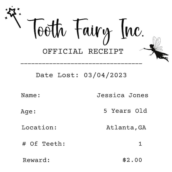 Personalized Tooth Fairy Receipt - Fun Exciting Treasure from Tooth Fairy INSTANT DIGITAL DOWNLOAD Fully Customizable