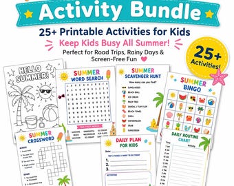 Kids Summer Activity Bundle Printable | Summer Activity Pack, 25+ Pages, Worksheets, Games, Bucket List, Planner for Kids PDF