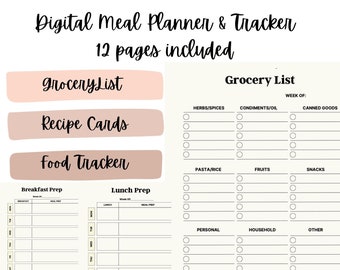 Digital Meal Planner: Recipe Cards, Grocery Lists, Food Diary (12 Page Digital File)