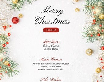 Plantilla digital de menú navideño totalmente personalizable con diseño minimalista elegante y descarga instantánea